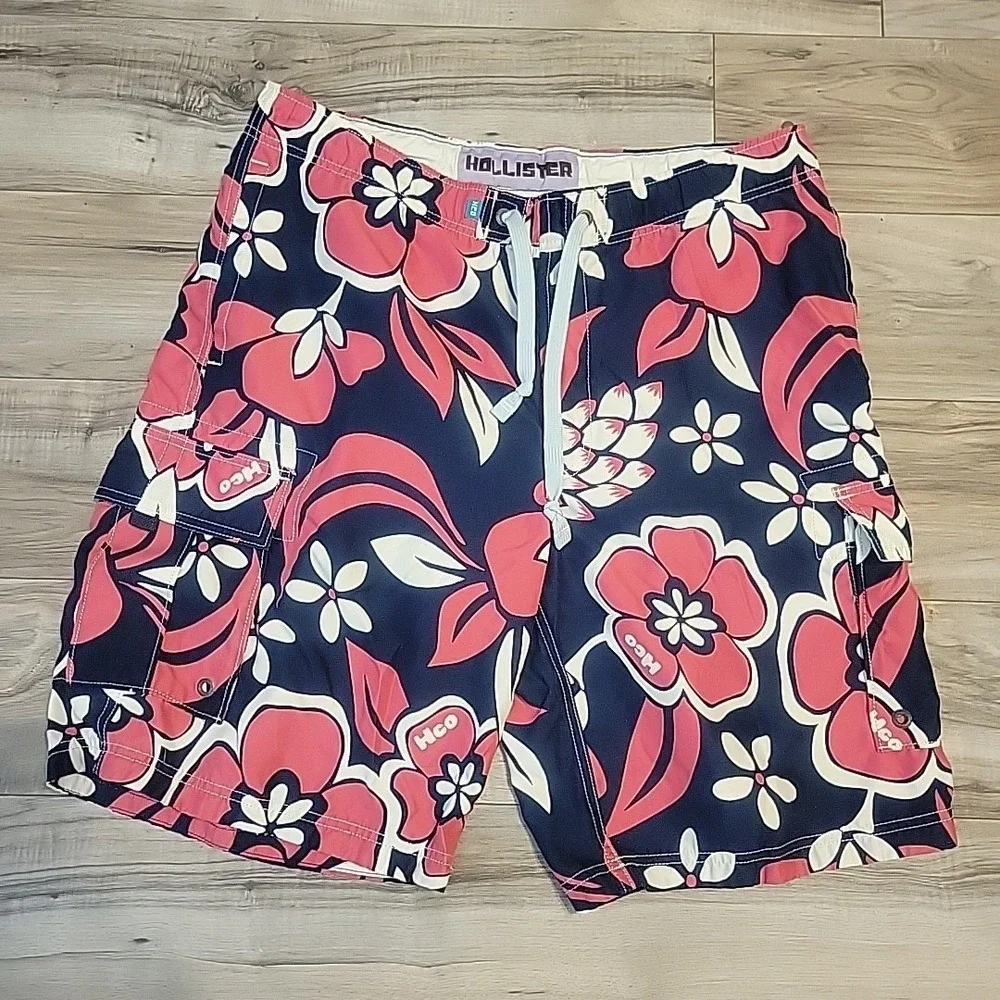 Hollister Men's Board Short Swim Trunks Pink Blue Floral‎ Cargo Shorts Medium